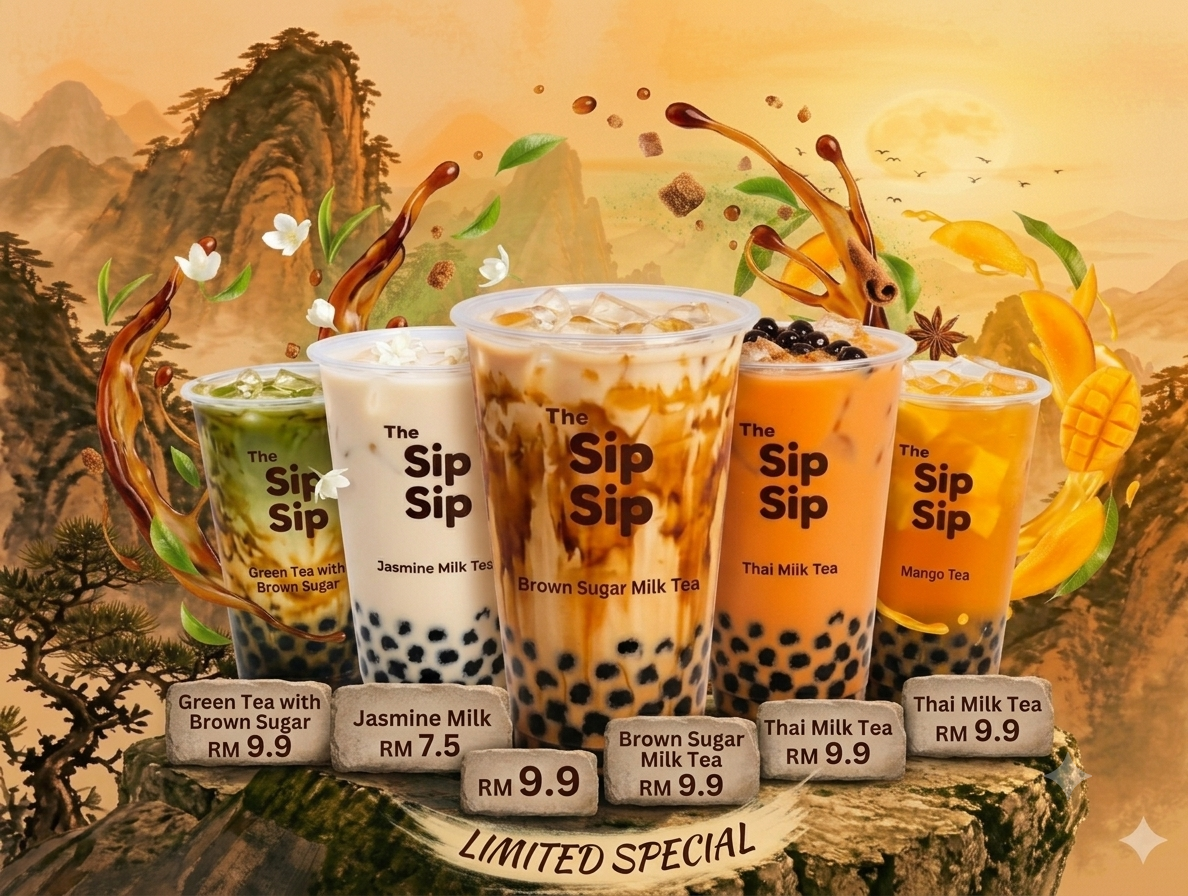 The Sip Sip Tea special drinks lineup — bubble milk tea, brown sugar and fruit tea